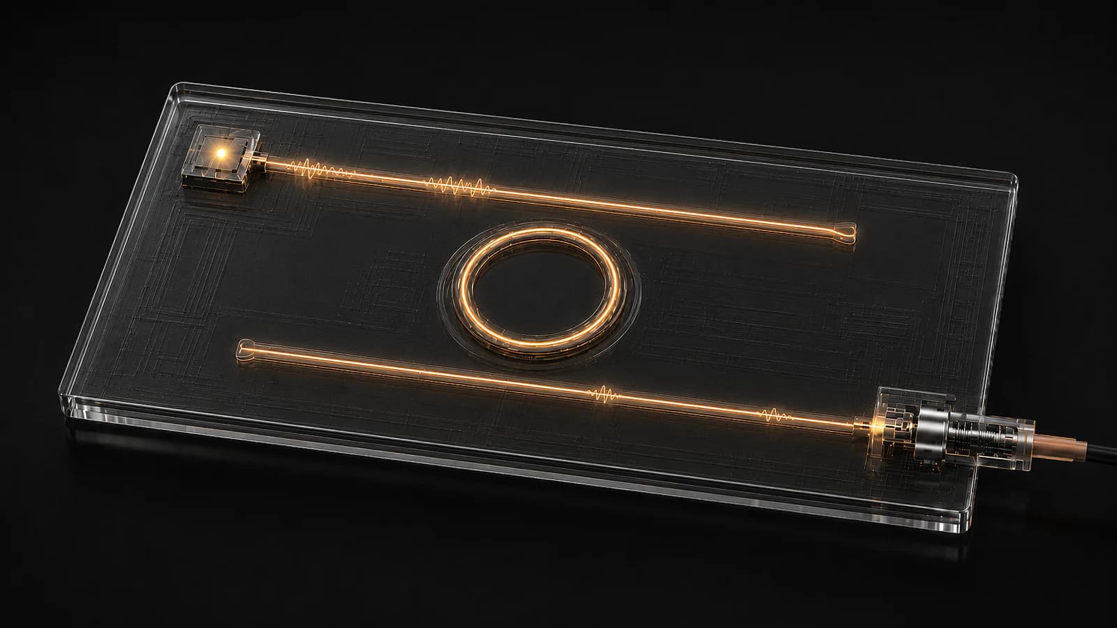 Illustration of an integrated single-photon source module concept with two orange optical paths, a central ring, and a fibre output on the right.