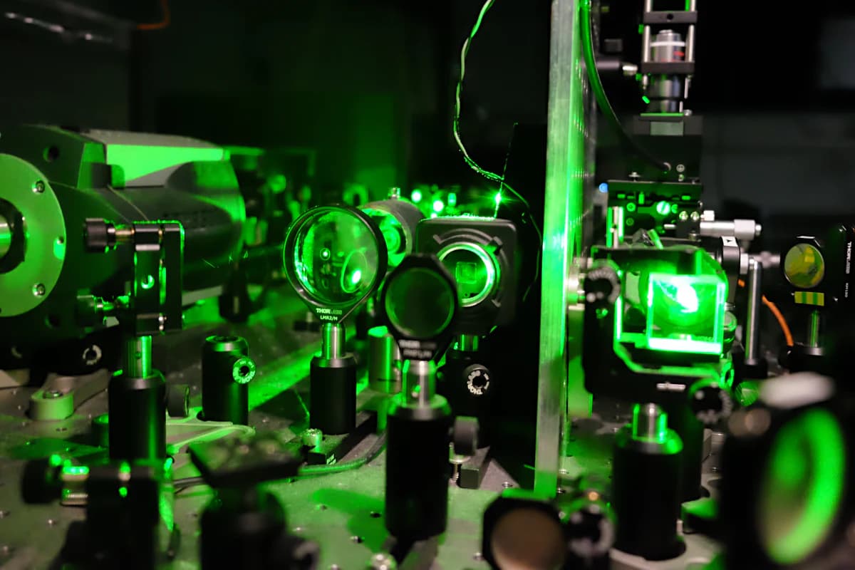 Laboratory workspace with optical equipment and a green laser beam.