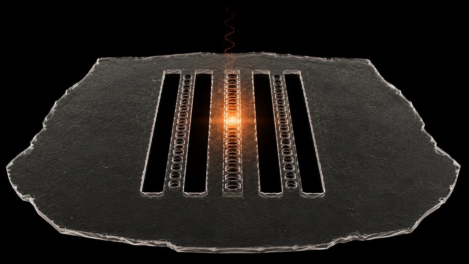 Perspective rendering of three parallel one-dimensional photonic-crystal structures in a thin material layer, with an orange glow above the central structure.