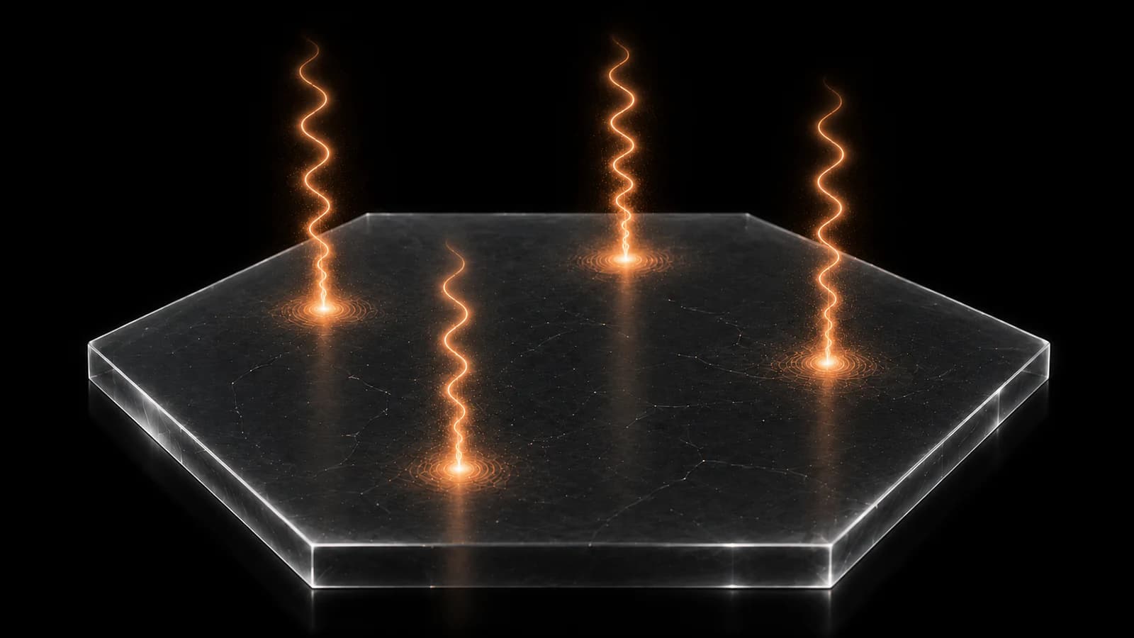 Illustration of four mapped quantum emitters glowing orange on a hexagonal hBN flake.