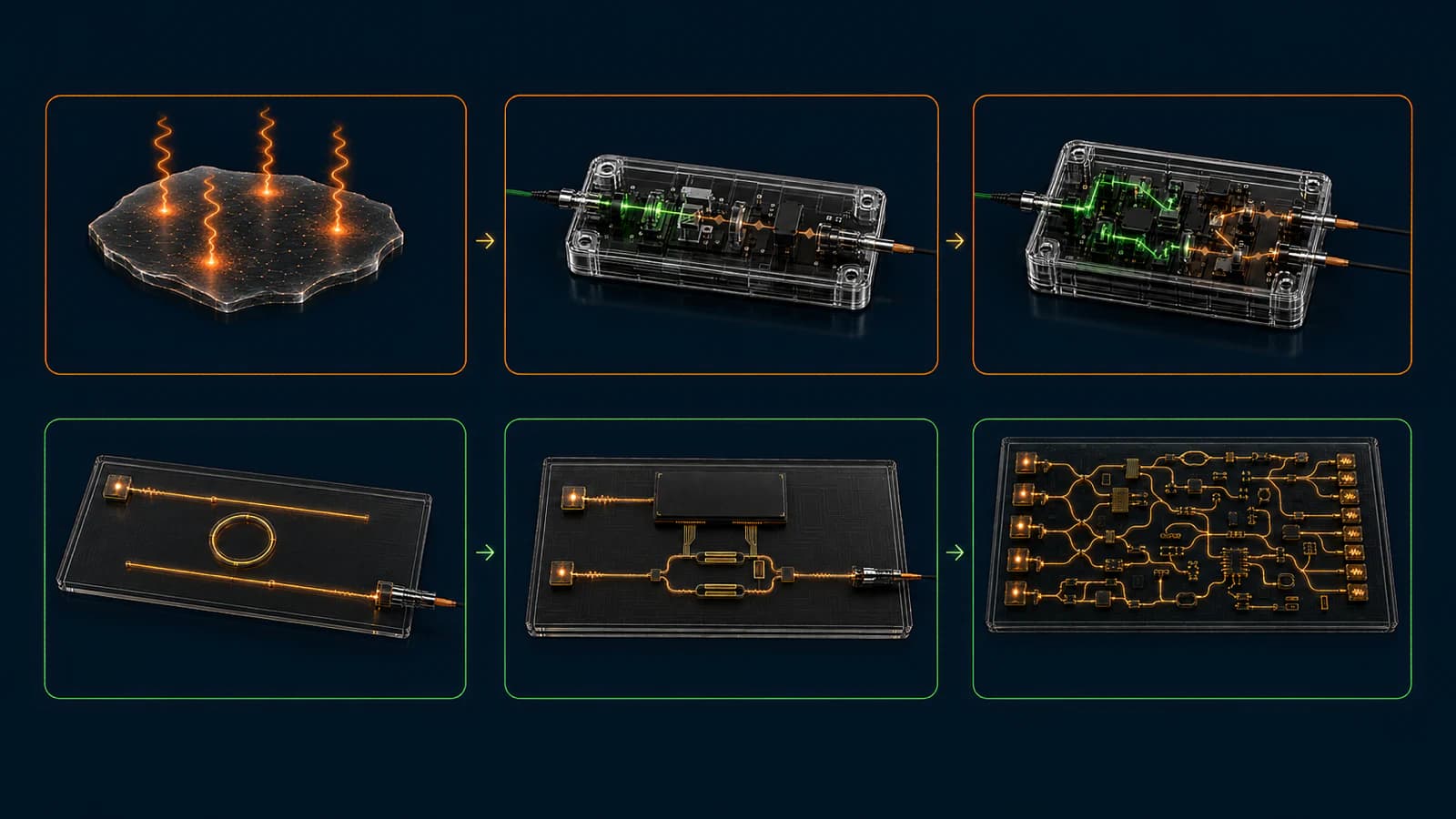 Illustration arranged as two rows of three panels, showing an emitter-bearing material flake, fibre-coupled modules, and progressively integrated photonic circuits connected by arrows.