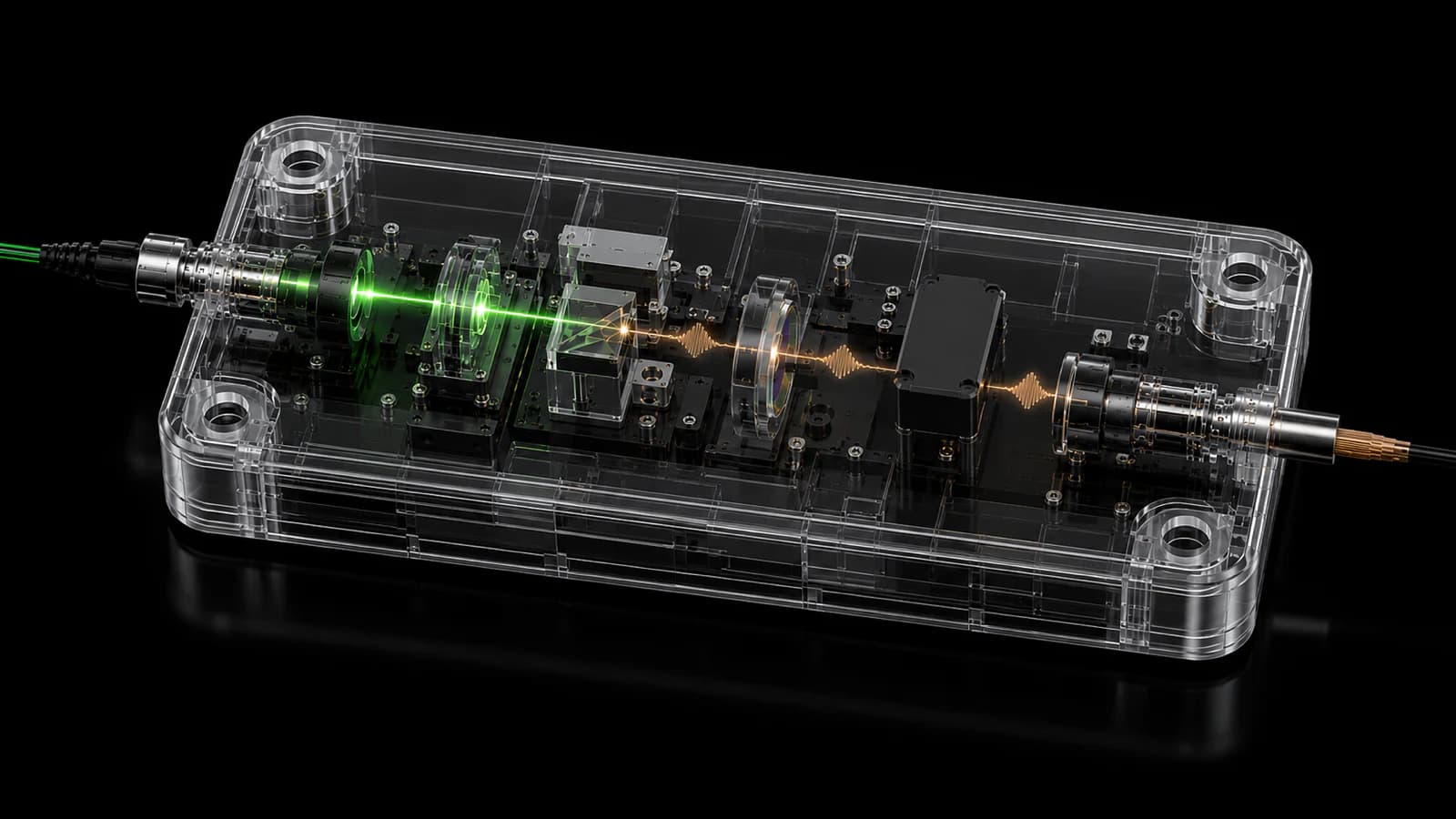 Rendering of a transparent rectangular source-module enclosure containing optical components, with green light entering from the left and an orange optical path exiting on the right.