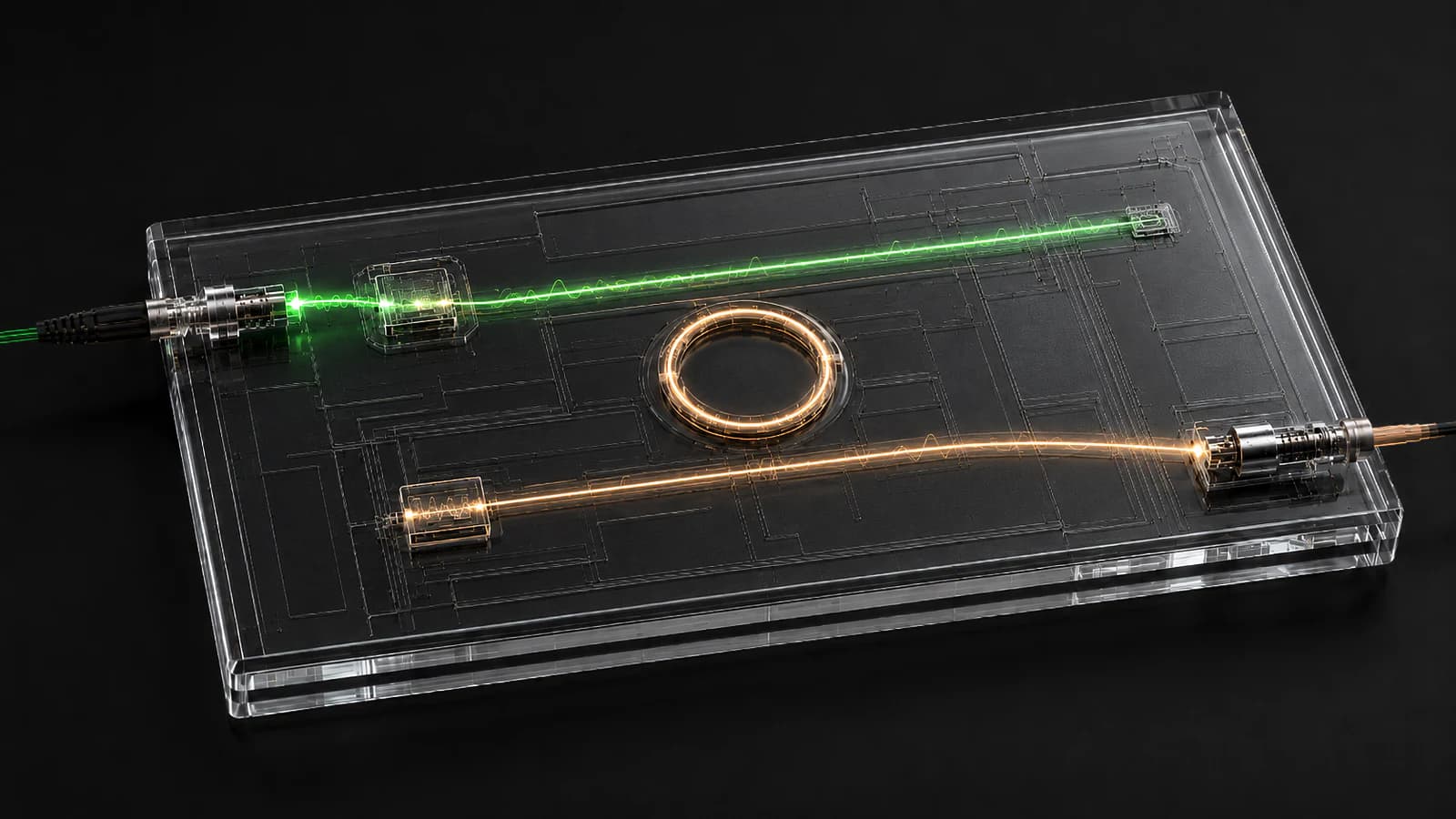 Illustration of a packaged single-photon source module concept with fibre input and output.